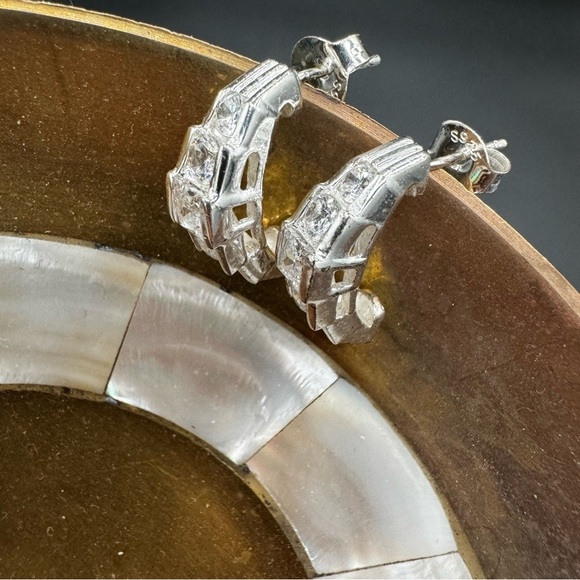 Sparkly Rhodium Plated CZ Half Hoop Huggie Earrings - Pierced - Picture 3 of 12